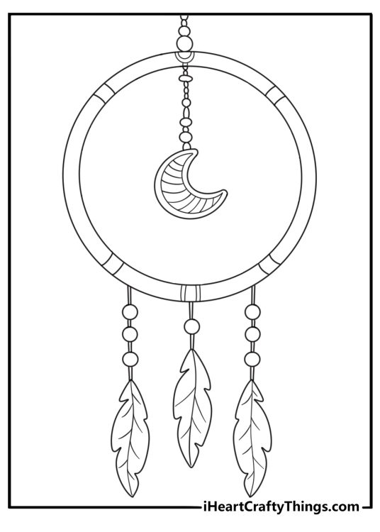 Picture of a round dream catcher with some feathers and a moon bead hanging beneath the center of the circle