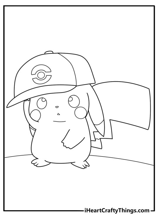 Pikachu coloring sheet featuring him wearing a cap which is definitely too big for him