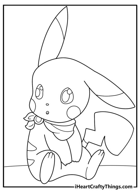 Pikachu themed coloring picture for children featuring him decked out in outdoor clothing