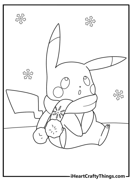 Pikachu with warm scarf in falling snow cute winter coloring page printable for kids