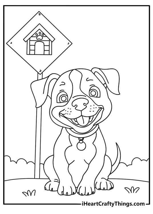 Pitbull coloring page with a pitbull beside a rescue shelter sign