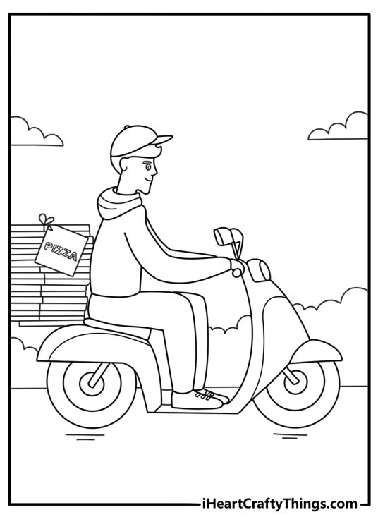 Pizza coloring page for kids with a delivery scooter carrying pizza boxes