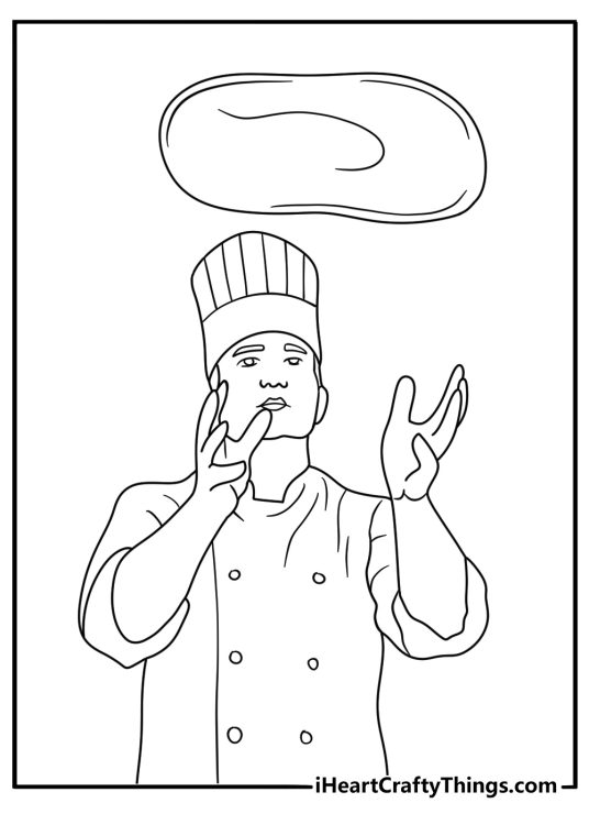 Pizza coloring page with a pizza chef tossing dough in the air