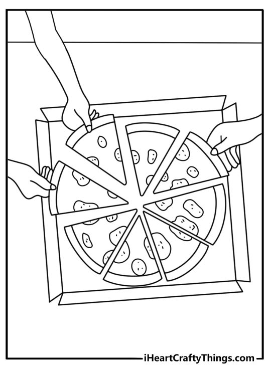 Pizza coloring pages scene with friends sharing pizza at a table