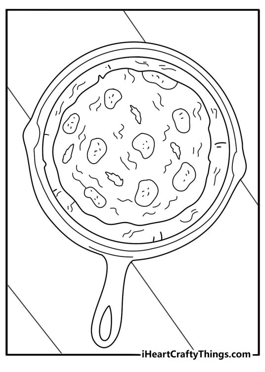 Pizza coloring printable with a deep dish pizza in a round pan