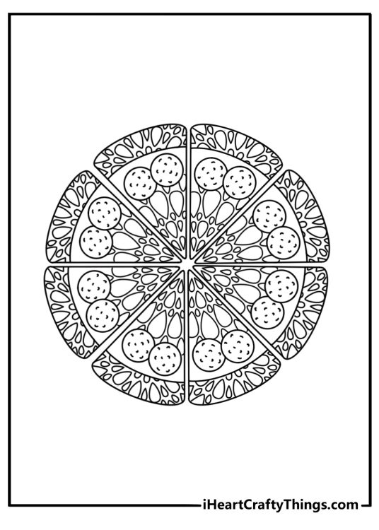 Pizza coloring sheet for adults with pizza slices arranged in a mandala