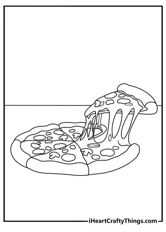 Pizza coloring sheet with a slice being lifted from a round pizza