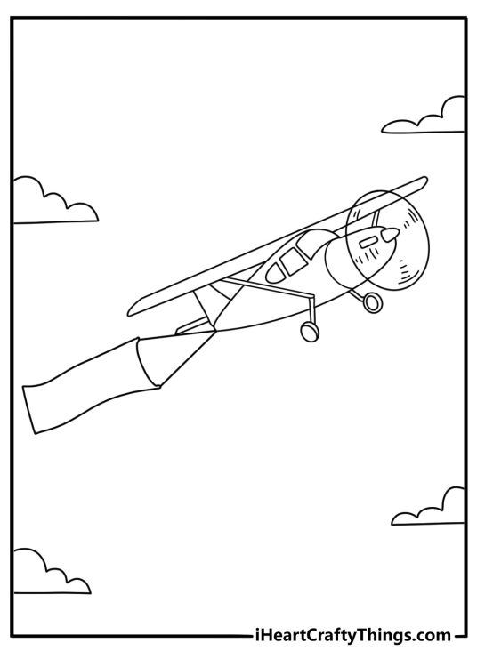 Plane coloring sheets for preschoolers with a mail plane carrying letters over a town
