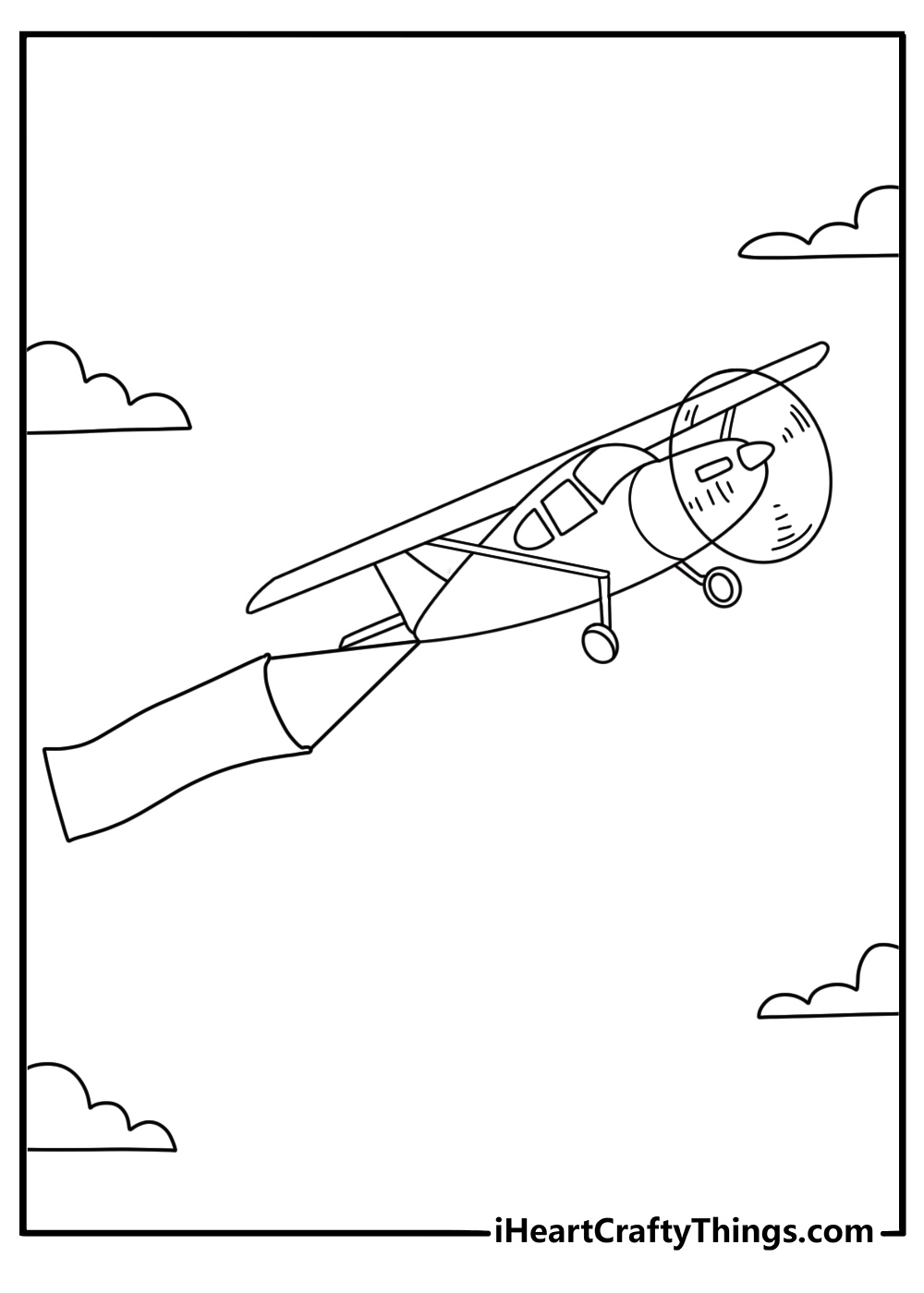 Plane coloring sheets for preschoolers with a mail plane carrying letters over a town