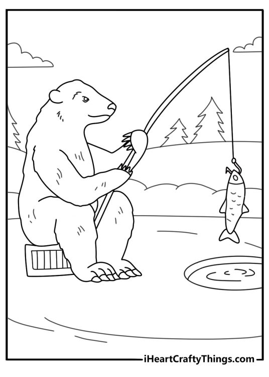 Polar bear ice fishing beside hole on frozen lake February coloring sheet simple printable