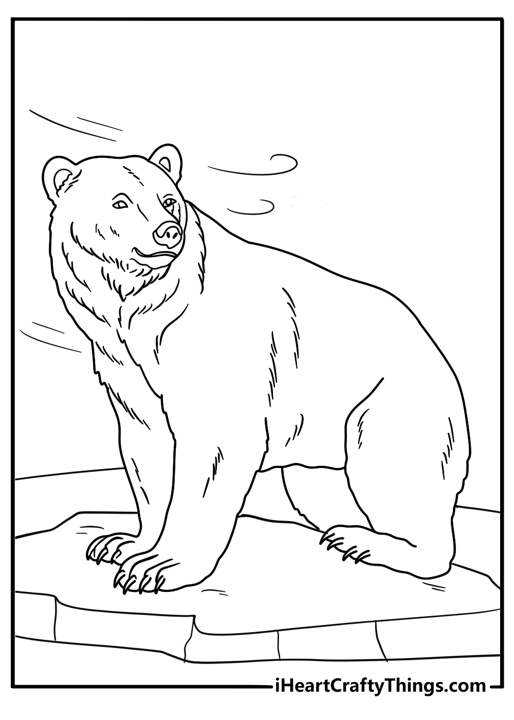 Polar bear on a glacier ridge in strong wind advanced printable coloring page