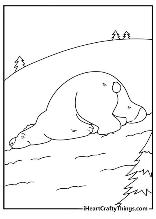 Polar bear sliding on snow belly fun coloring page for kids
