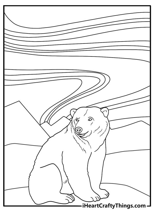 Polar bear walking under northern lights aurora coloring page printable