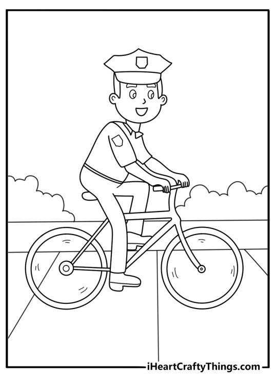 Police bicycle patrol on sidewalk easy coloring page