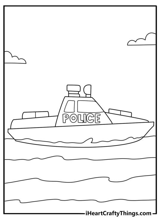 Police boat patrolling river detailed coloring page for adults