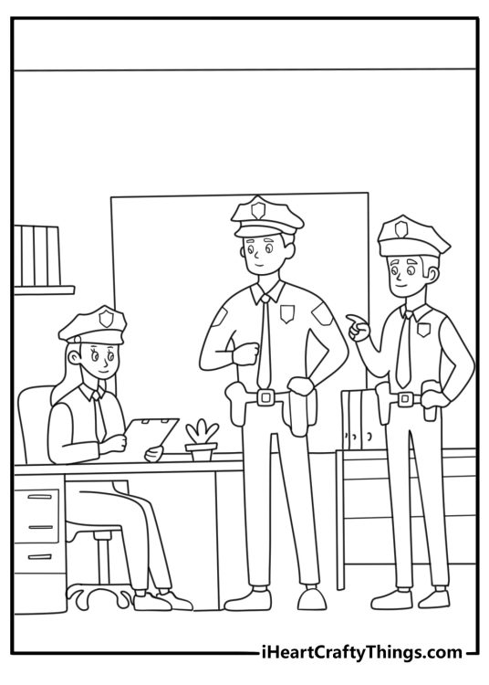 Police coloring page showing teamwork scene at station_