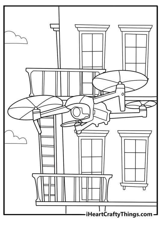 Police drone flying over neighborhood printable coloring sheet