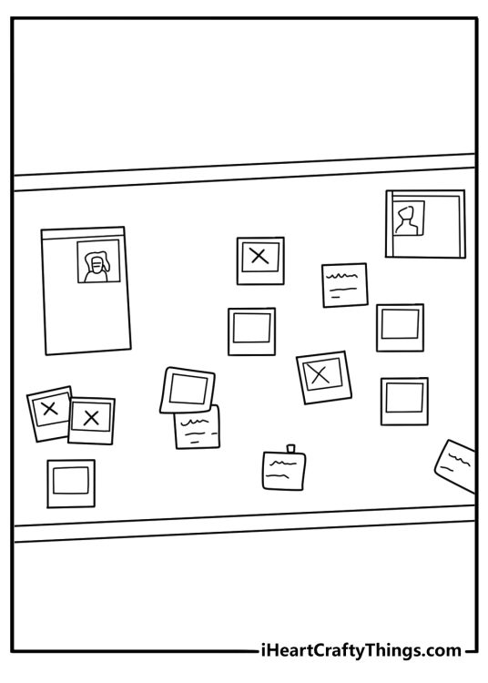 Police evidence board with photos and notes coloring sheet
