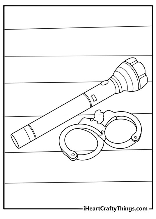 Police handcuffs and flashlight tools coloring printable