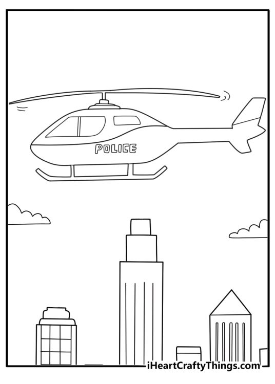 Police helicopter flying above buildings simple coloring page