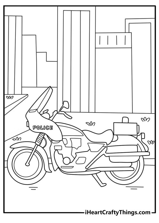 Police motorcycle parked near curb easy coloring page for kids