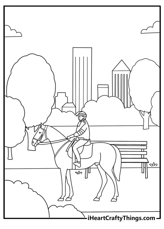 Police mounted patrol horse in city park coloring page