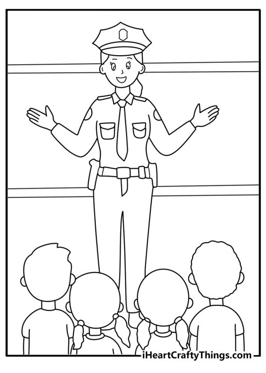 Police officer at school safety visit coloring page