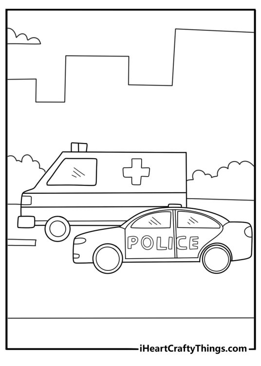 Police officer escorting ambulance through traffic coloring page