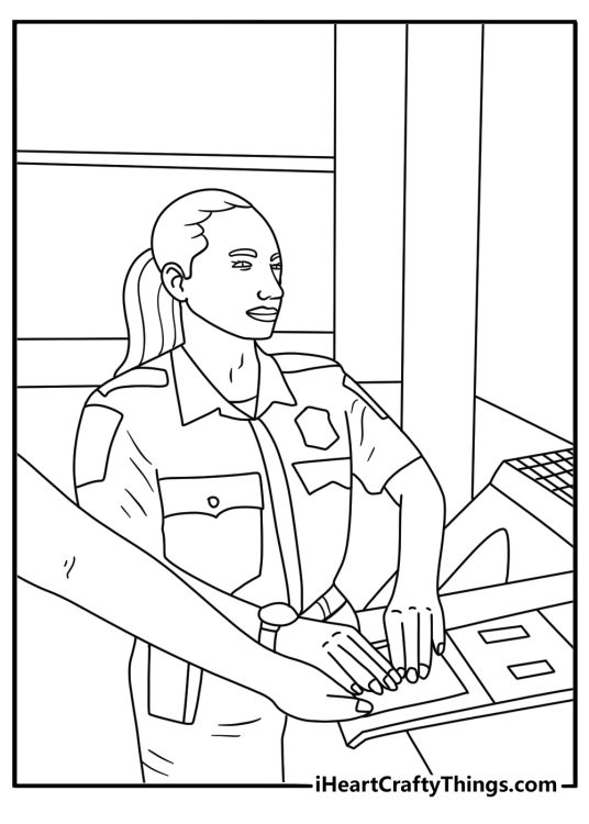Police officer fingerprinting at station coloring sheet