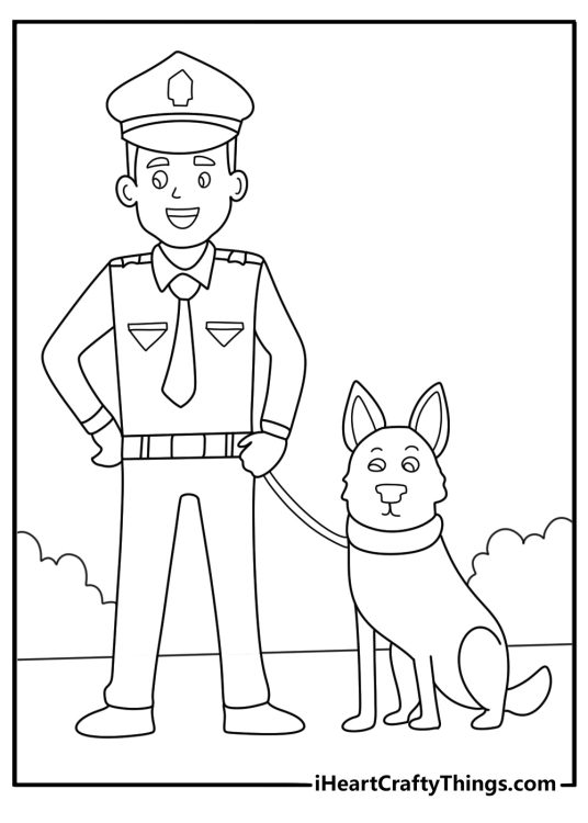 Police officer guiding lost dog back home printable coloring page