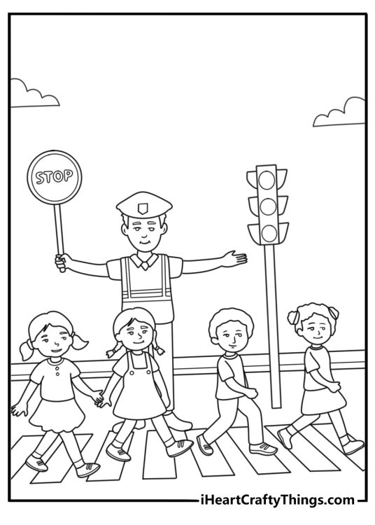 Police officer helping child cross street coloring page