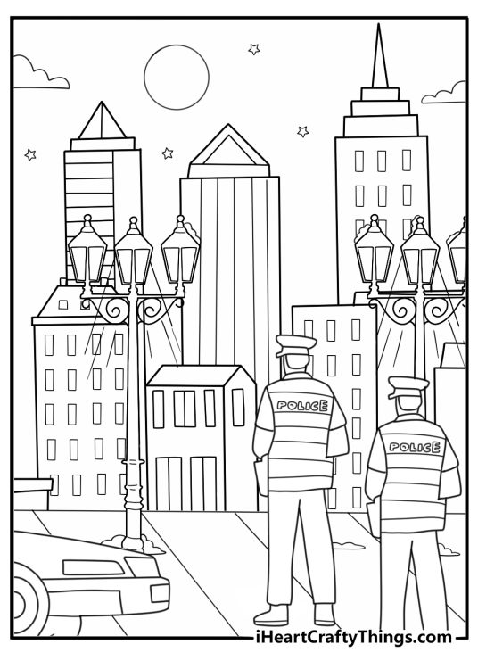 Police officer on night patrol under streetlight coloring page