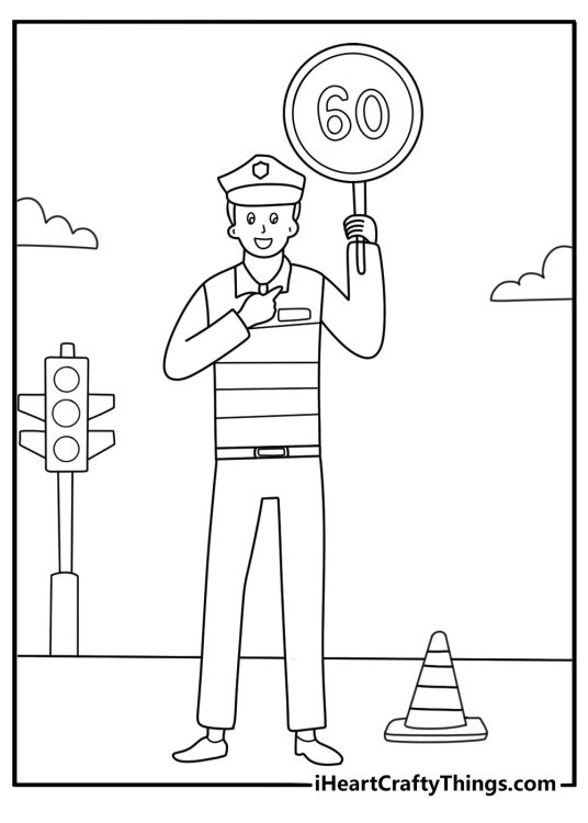 Police officer teaching road safety signs coloring page