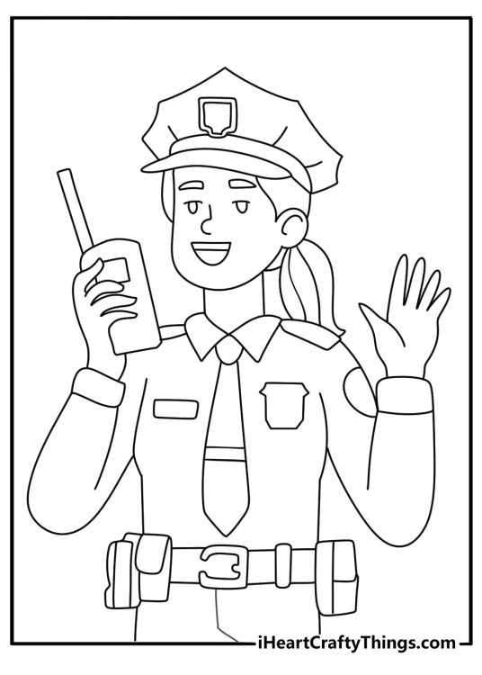 Police officer using radio to call dispatch coloring sheet