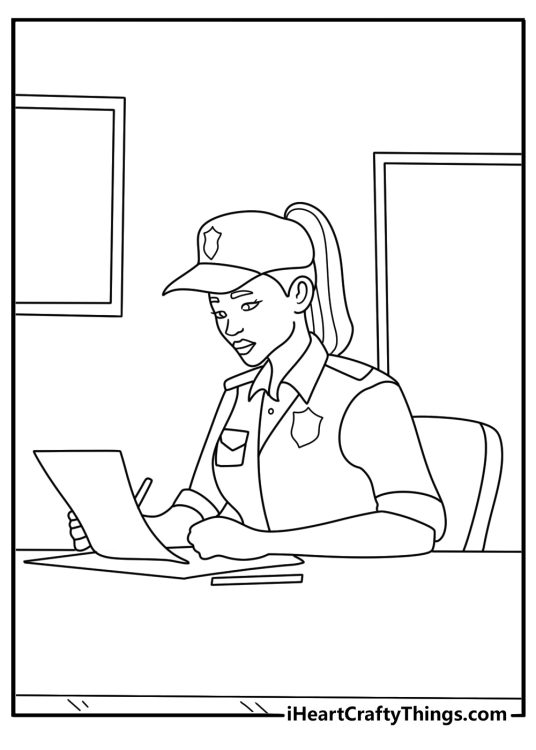 Police officer writing report at desk coloring sheet