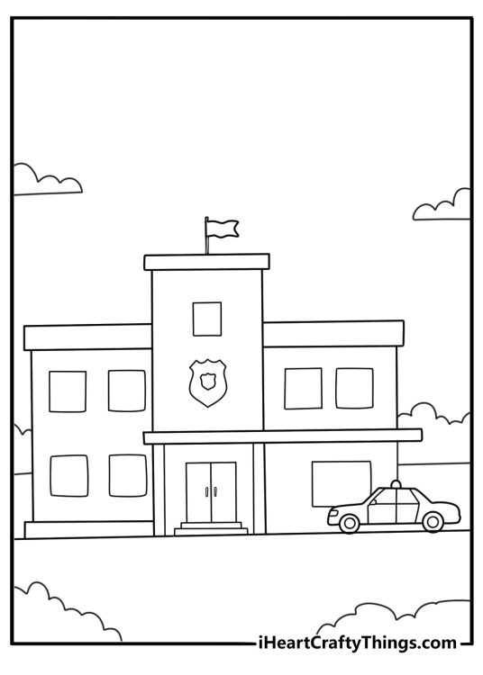 Police radio car parked near station printable coloring page