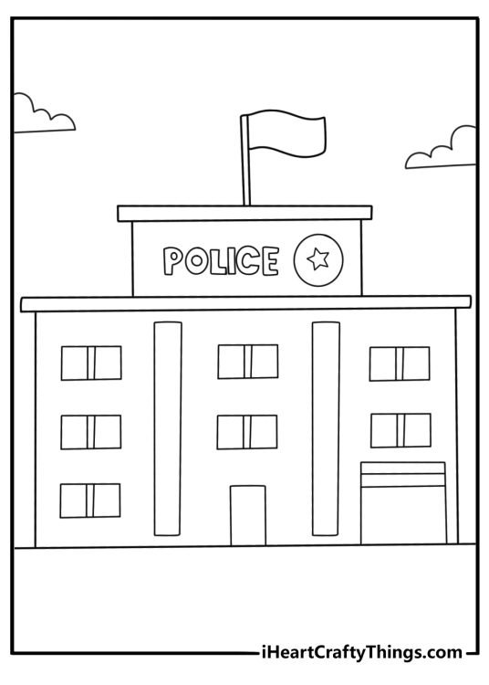 Police station building with flag outside coloring printable