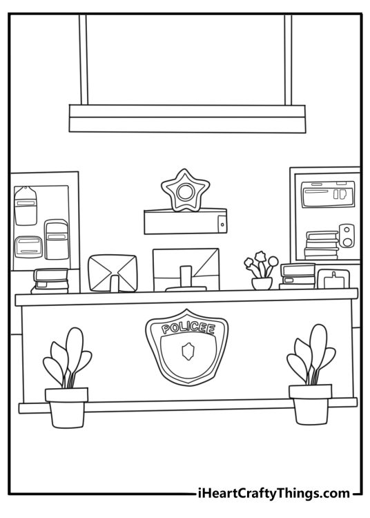 Police station front desk interior printable coloring sheet