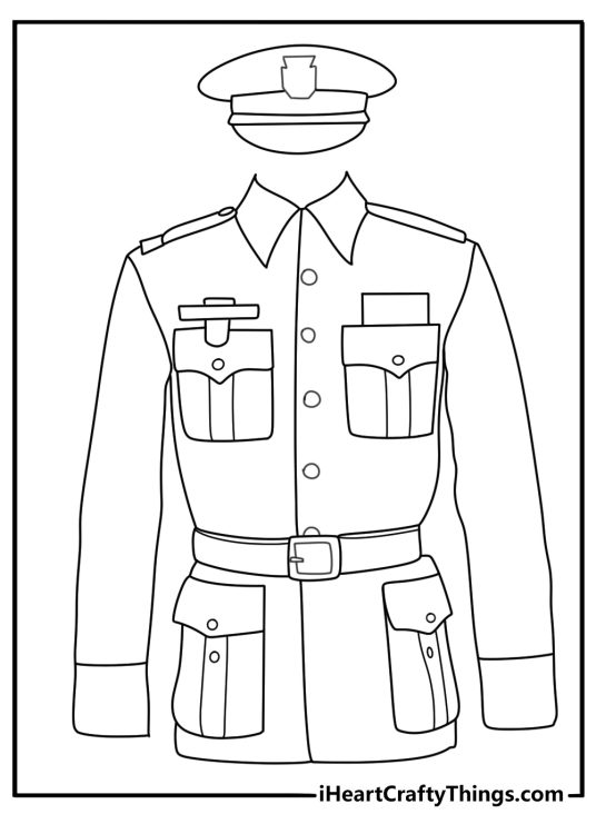 Police uniform hat and belt gear easy coloring sheet