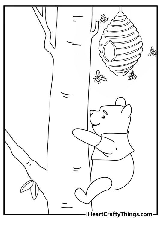 Pooh Bear coloring page with Pooh climbing a tall honey tree with buzzing hive above