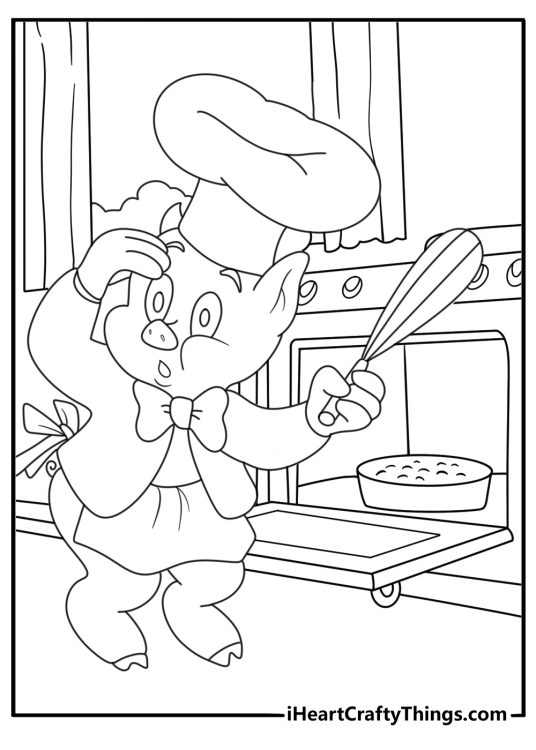 Porky Pig baking cake in kitchen simple coloring printable for kids