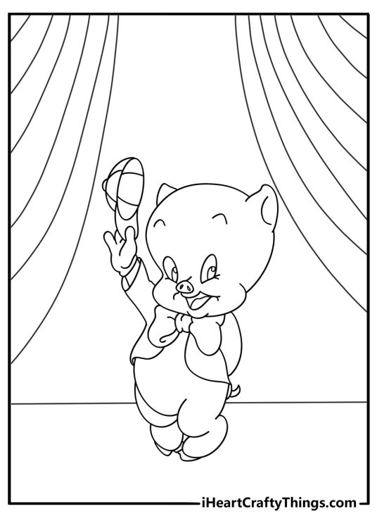 Porky Pig standing on stage with curtain backdrop easy coloring page