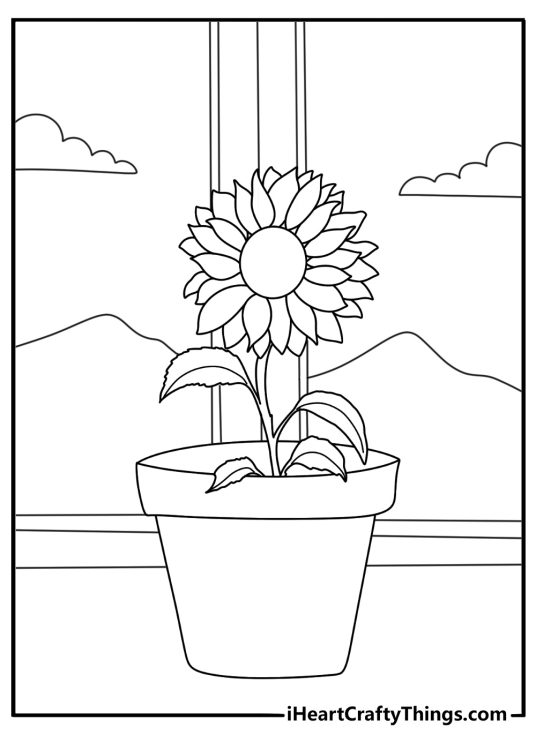 Potted sunflower on windowsill easy coloring page for kids PDF