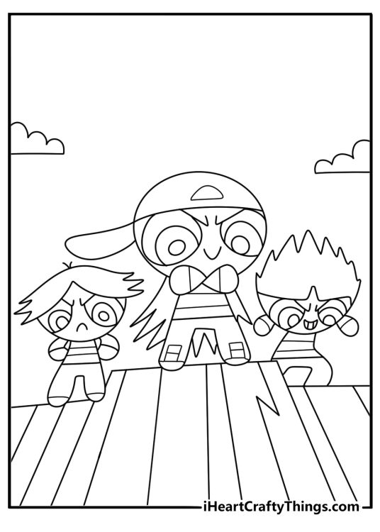 Powerpuff Boys coloring page with Brick Boomer Butch causing trouble in city