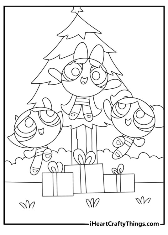 Powerpuff Girls Christmas coloring pages with tree and wrapped gifts