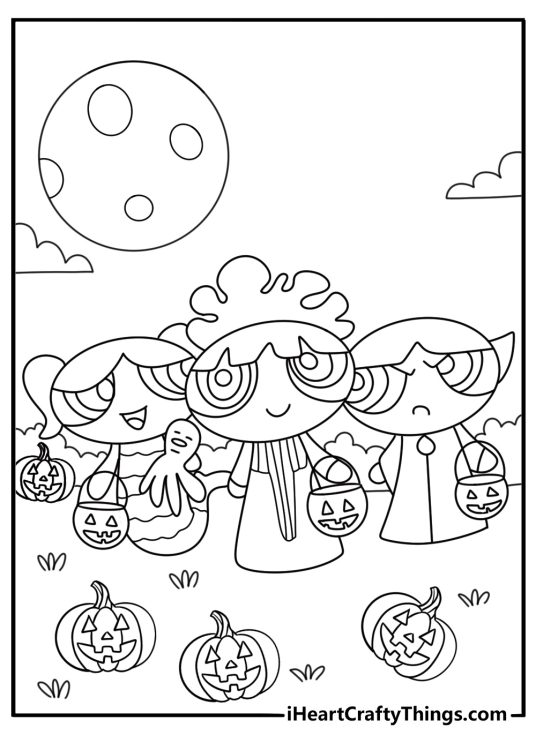 Powerpuff Girls Halloween coloring pages with girls in costumes near pumpkins