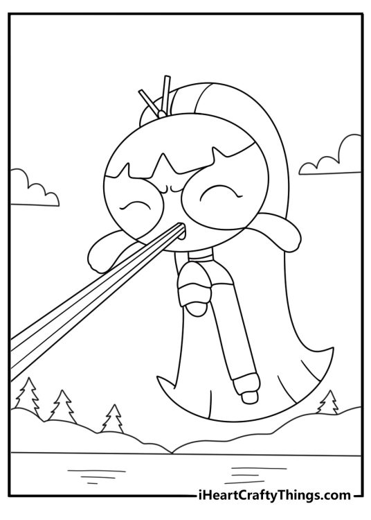 Powerpuff Girls coloring page with Blossom using ice breath on a frozen lake