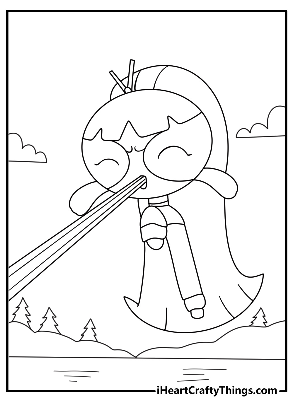 Powerpuff Girls coloring page with Blossom using ice breath on a frozen lake