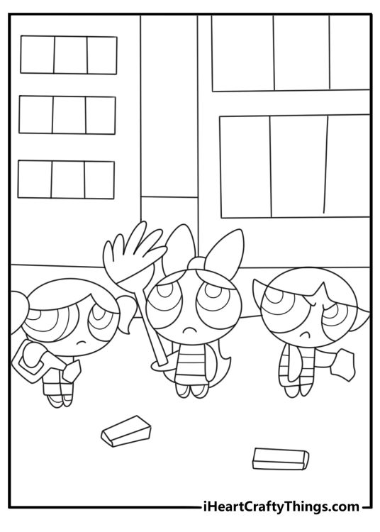 Powerpuff Girls coloring pages free with the girls cleaning up a messy street
