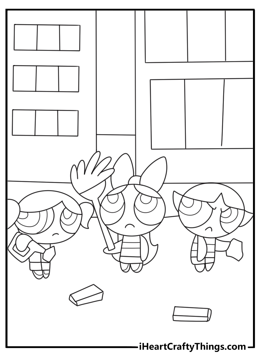Powerpuff Girls coloring pages free with the girls cleaning up a messy street